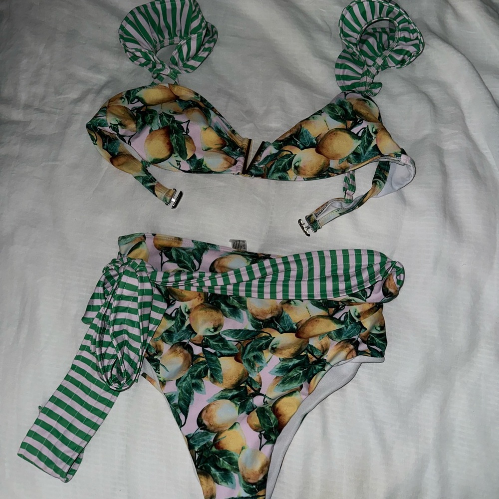 Lemon Print Bikini with Green Stripes